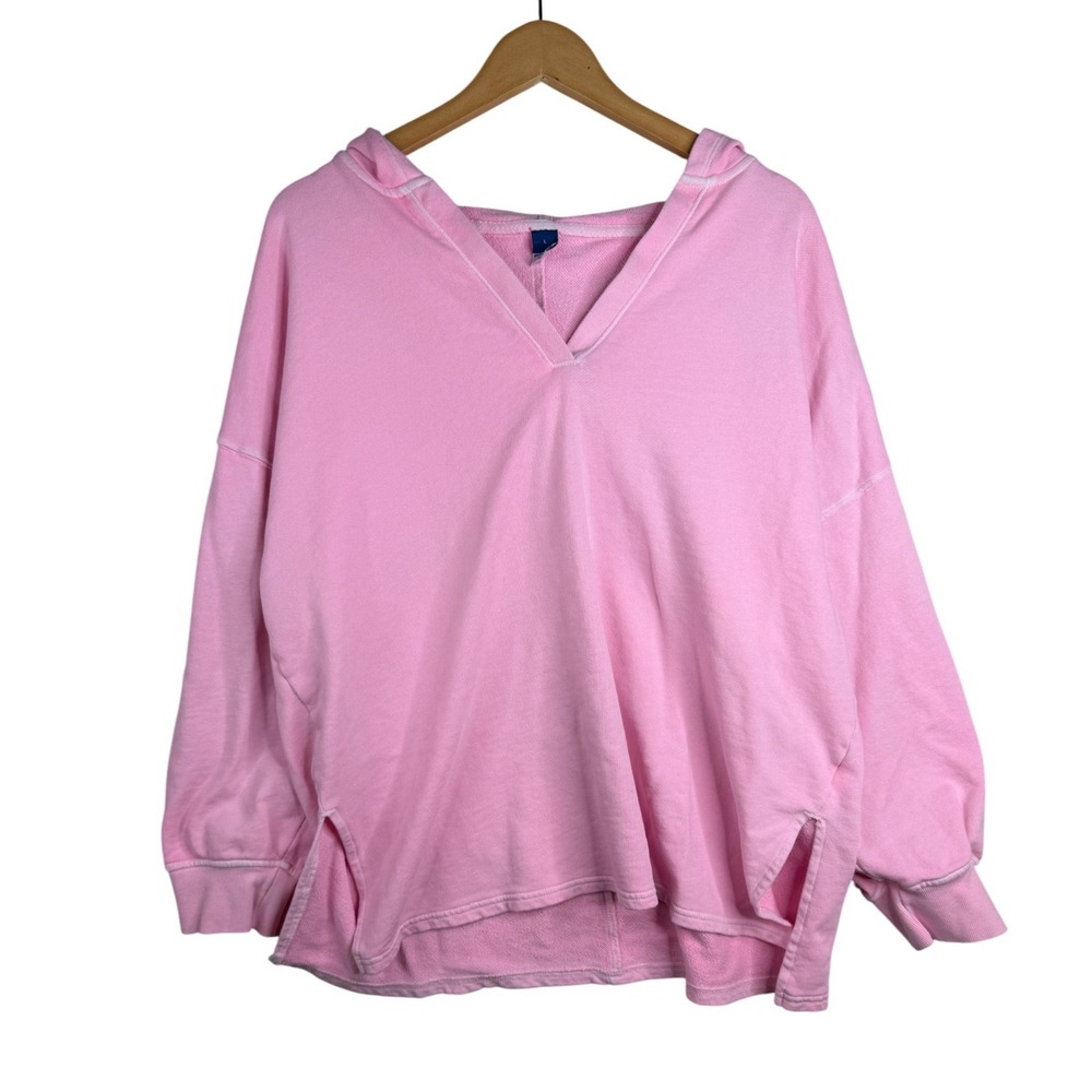 Old Navy Tunic Hoodie Large Oversized V Neck French Terry Long Sleeve Pink Cozy